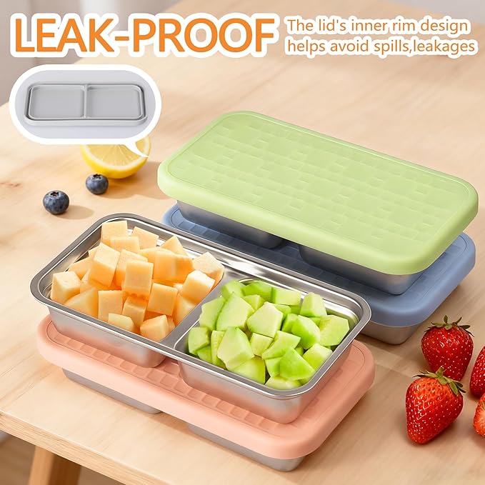 PTYTIFY 2 Pack Stainless Steel Snack Containers with Lids, 2 Compartment Snack Containers, Reusable Food Containers for Home, Travel, Outdoor