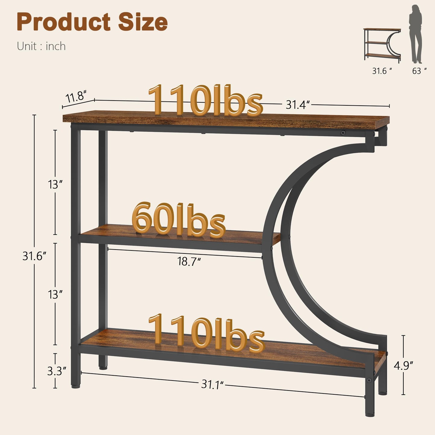 Hoctieon Console Table, 3-Tier Industrial Entryway Table with Storage, Hallway Tables, Narrow Entrance Sofa Tables, C-Shaped Metal Frame, Accent Tables with Shelves for Living Room, Rustic Brown