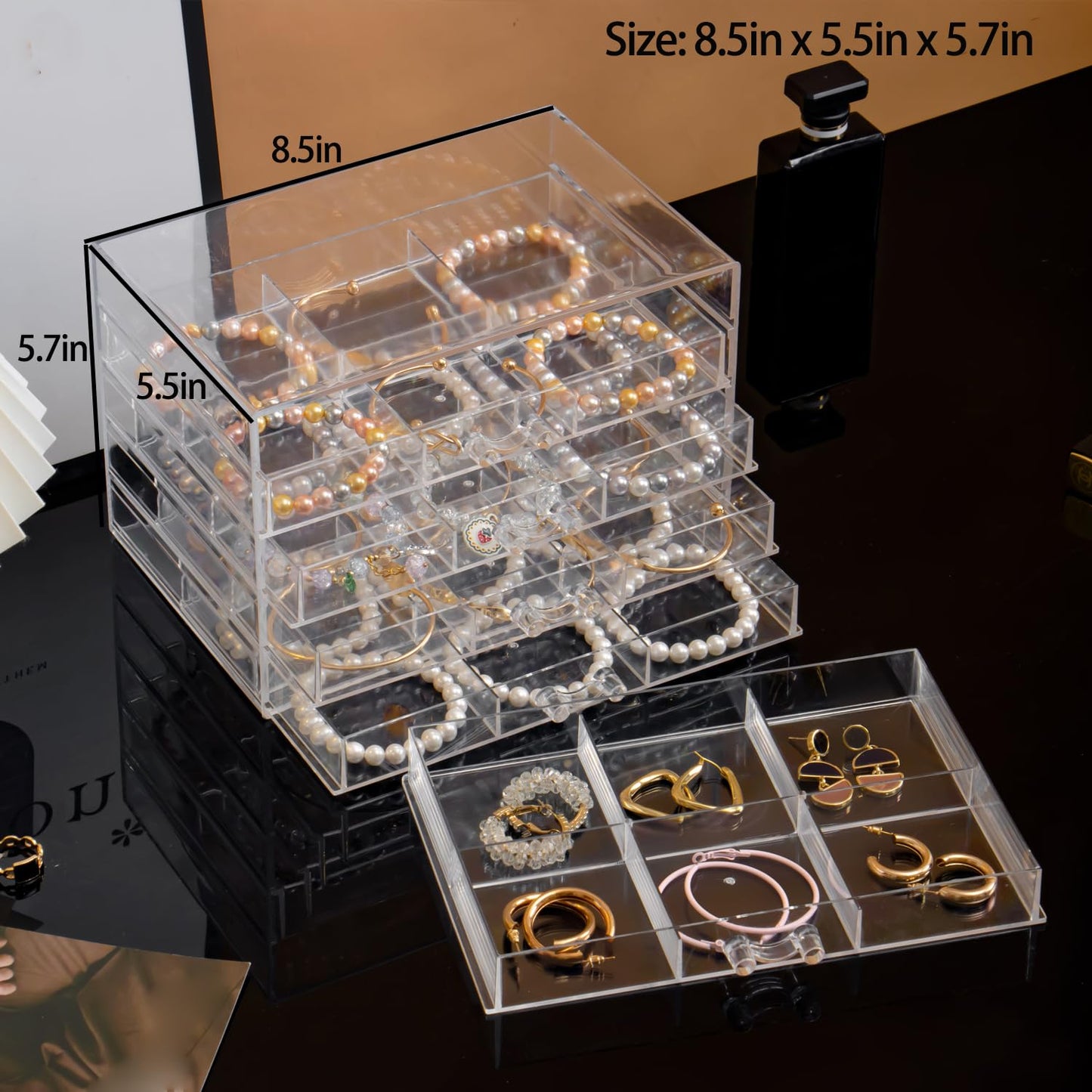 SPAKOWN Earring Organizer, Acrylic Earring Box Large 30 Compartments Jewelry Holder Organizer with 5 Drawers Stackable Earring Bracelet Storage Case Jewelry Boxes for Women (Clear)