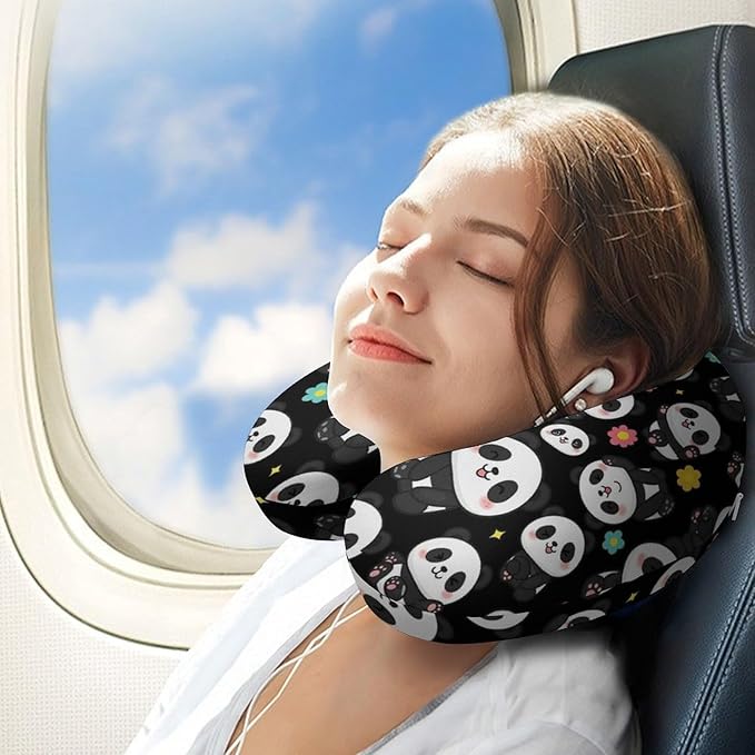 Youth Travel Neck Pillow Soft Memory Foam Chin Support Cute Cartoon Panda Art, Washable Cover for Boys Girls Airplane Car School Rest