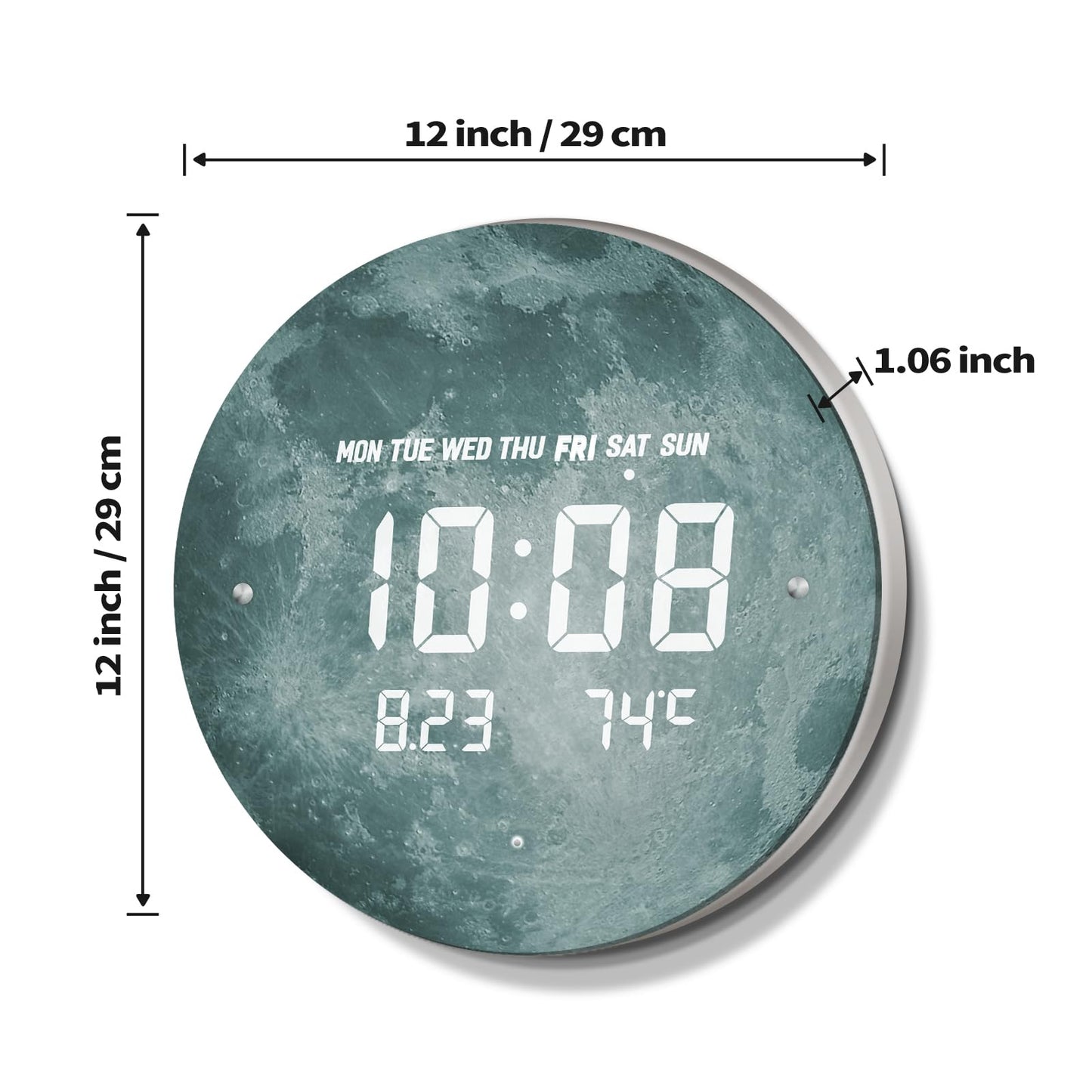 SCOAGE Digital Moon Wall Clock with Temperature/Time/Date, 12'' Modern Led Wall Clock Battery Operated, Smart Dimming, Large Display Decorative for Bedroom/Office/Kitchen