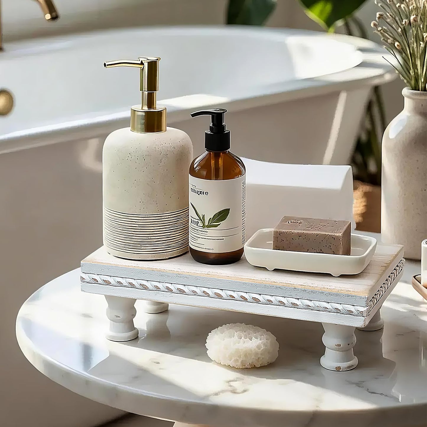 SAOCAIHUL Wood Tray Pedestal Stand, Waterproof Bathroom Counter Organizer, Modern Farmhouse Riser for Soap/Candle/Sponge White Middle