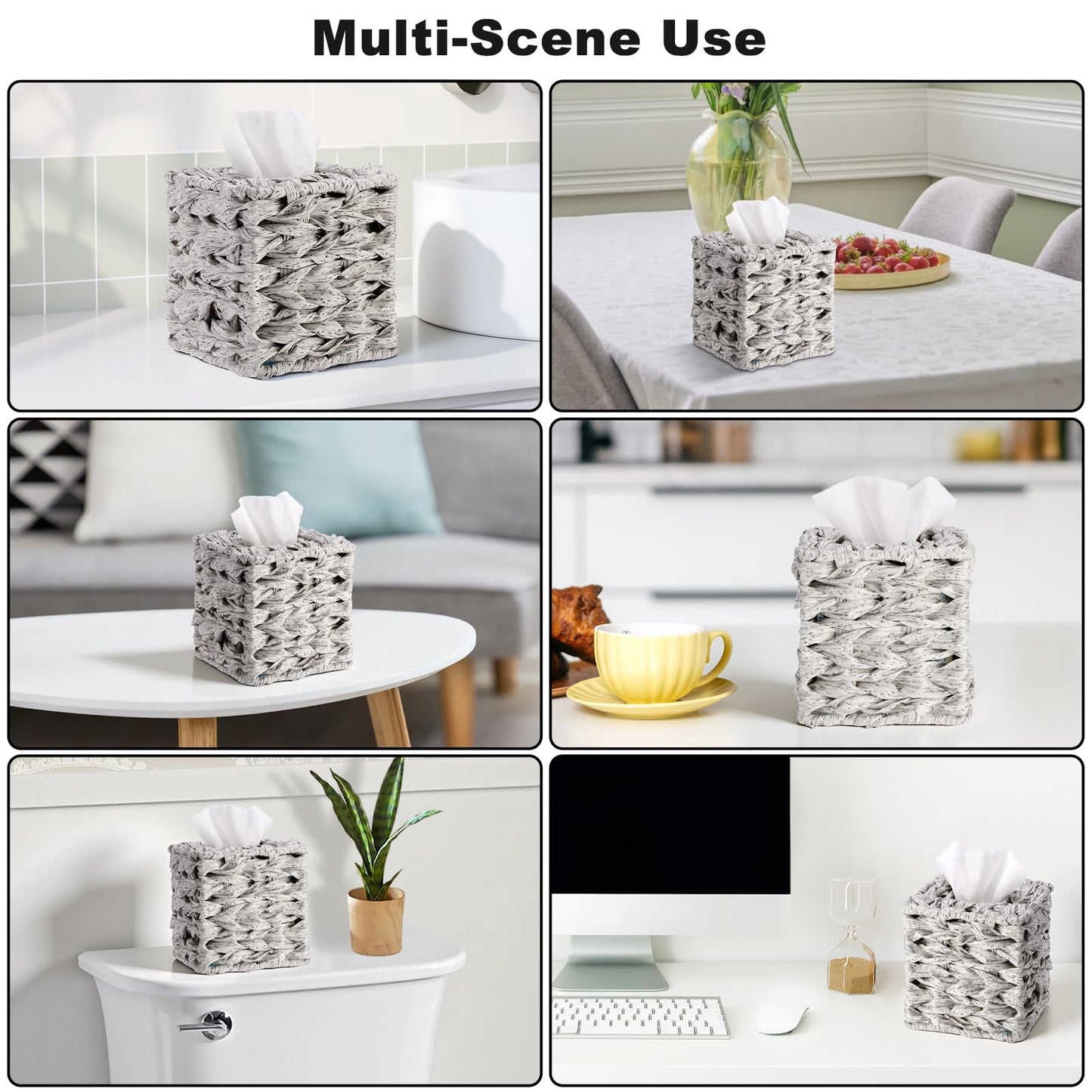 Sumnacon Wicker Tissue Box Cover, Square Tissue Box Holder, Hand Woven Facial Tissues Dispenser, Decorative Boho Tissue Box Organizer for Bathroom Bedroom Kitchen Office Table Desk Counter