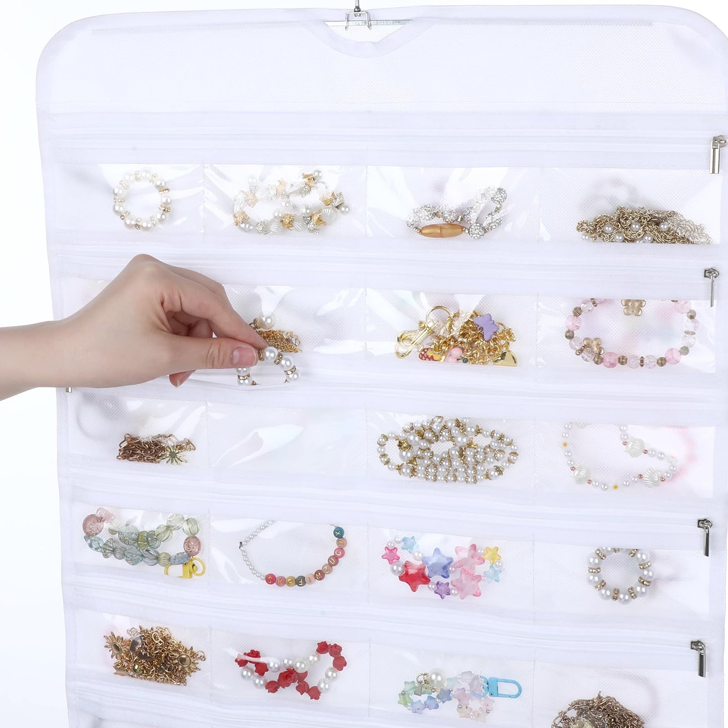 Xosjska 2 Pack Hanging Jewelry Organizer 80 Zippered Pockets 80-Pocket Dual-sided Jewelry Storage for Necklace Bracelet Earring RingsTravel Holder - White