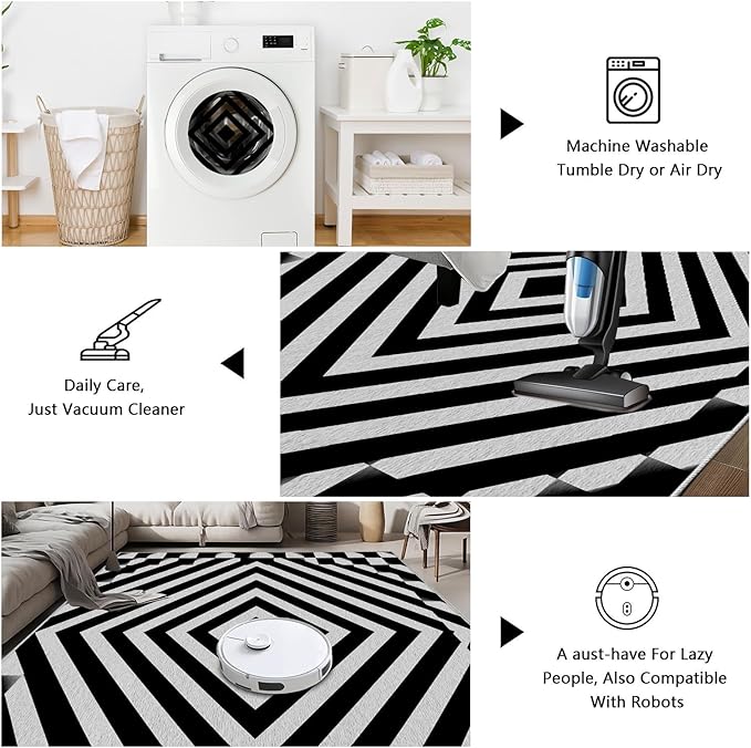 Black and White Rug 4x5, Checkered Soft Thin Indoor Floor Mats Carpet, Non-Slip Stain Resistant Washable Rugs, Modern Rhombus Geometric Rugs for Living Room, Farmhouse Rug