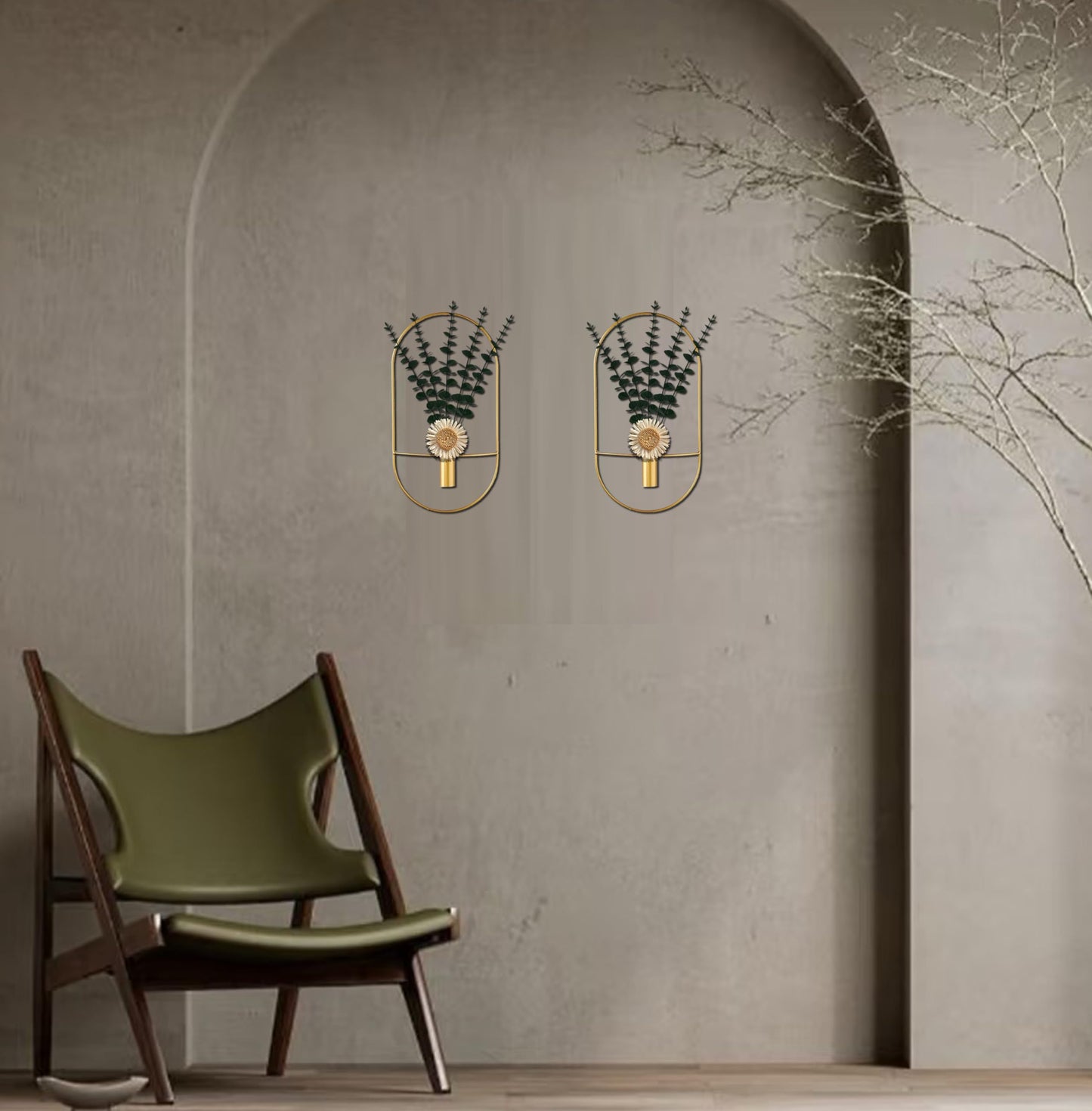 2 Pack Gold Metal Plants Wall Hanging Decor, Metal Hanging Vase for Living Room, Bedroom, Bathroom, Dining Room, Wall-Mounted Plant Decor with Artificial Plants