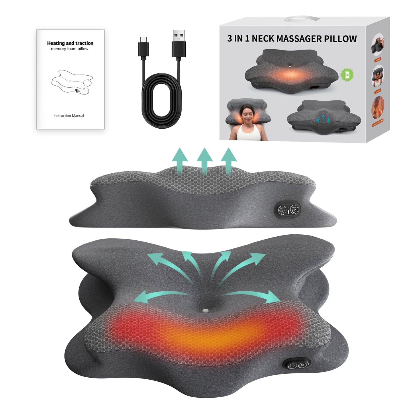 TUFPUZRLCT 3-in-1 Cervical Neck Pillow for Neck Pain Relief with Heating