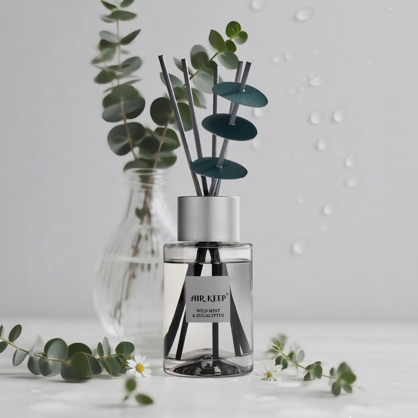Airkeep Reed Diffuser/Grey Reed Diffuser Set/6.7 oz(200ml)/Wild Mint&Eucalyptus Oil Diffuser & Reed Diffuser Sticks/Home Decor & Office Decor, Fragrance and Gifts
