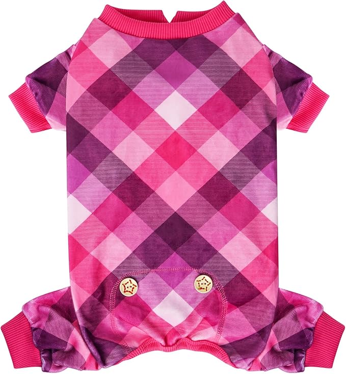 KYEESE Dog Pajamas Stretchy Onesie Lightweight Pjs Comfy Pet Clothes Velvet Doggie Jammies Soft Coat Plaid Dog Pajamas for Small Dogs Boy Girl,Pink, Large