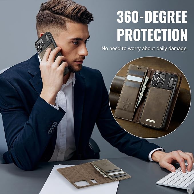 PlusnapX Wallet Case for iPhone 17 Pro Max Compatible with Magsafe, 2-in-1 PU Leather Flip RFID Blocking Card Holder Stand Shockproof Magnetic Detachable Cover for iPhone 17 Pro Max Case 6.9", Brown