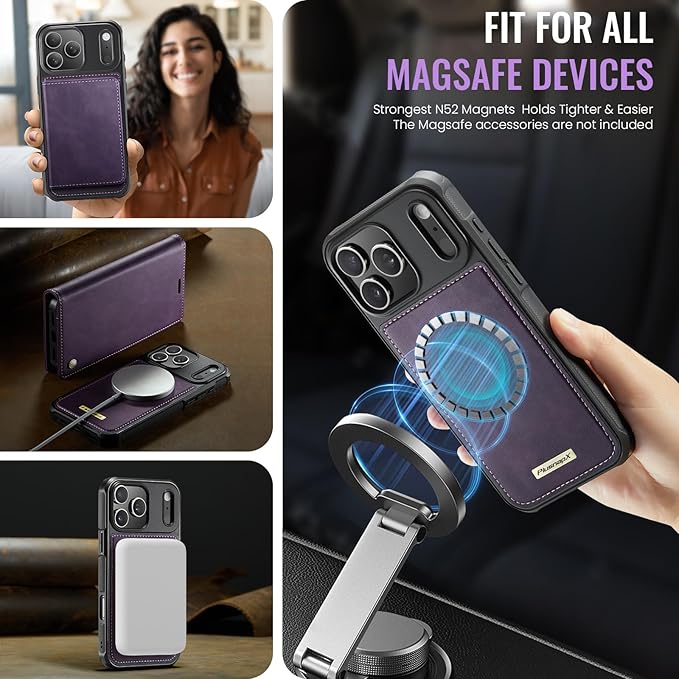 PlusnapX Wallet Case for iPhone 17 Pro Compatible with Magsafe, 2-in-1 PU Leather Flip RFID Blocking Card Holder Stand Shockproof Magnetic Detachable Cover for iPhone 17 Pro Case 6.3", Retro Purple