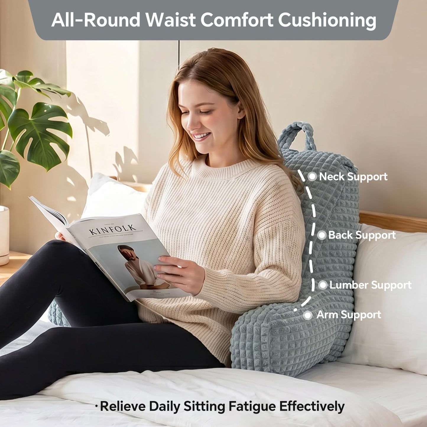 Wervity Sit Up Pillow for Reading Nook,Oeko-TEX Certified Odorless Flannel Backrest Pillow with Arms,17'' Tall Cozy Snuggle Back Rest for Teens,Compact Back Support,Size-M,Gray