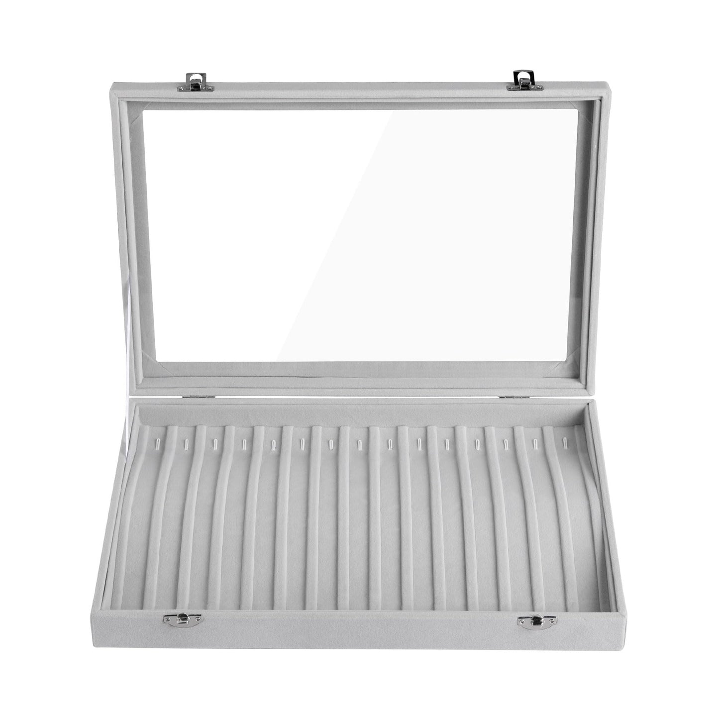 Frebeauty 15 Hooks Necklace Tray Velvet Neckalce Organizer with Clear Lid Lockable Necklace Holder Box Jewelry Organizer for Pendants Chains Necklace Jeweley Tray for Women Girls(Grey)