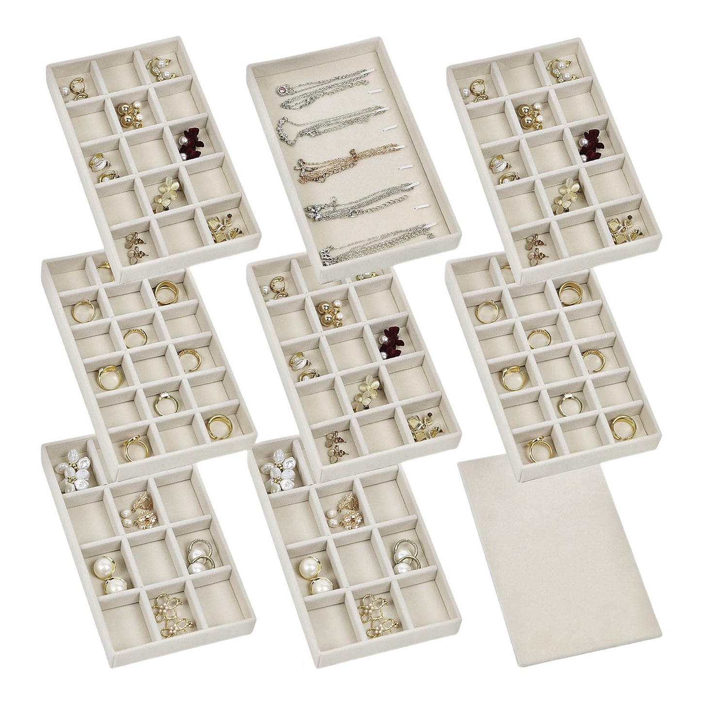 Set of 8 Stackable Jewelry Organizer Trays with 1 Lid for Drawer & Dresser Organizer, Adjustable Velvet Jewelry Box Tray Earring Organizer Necklace Storage Ring Bracelet Display Case (Beige)