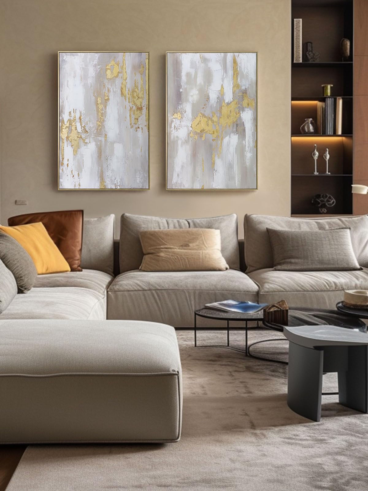 Modern Gold and Neutral Abstract Wall Art - 24x36 inch x 2, Framed Canvas Artworks - Contemporary Décor for living room，bedroom