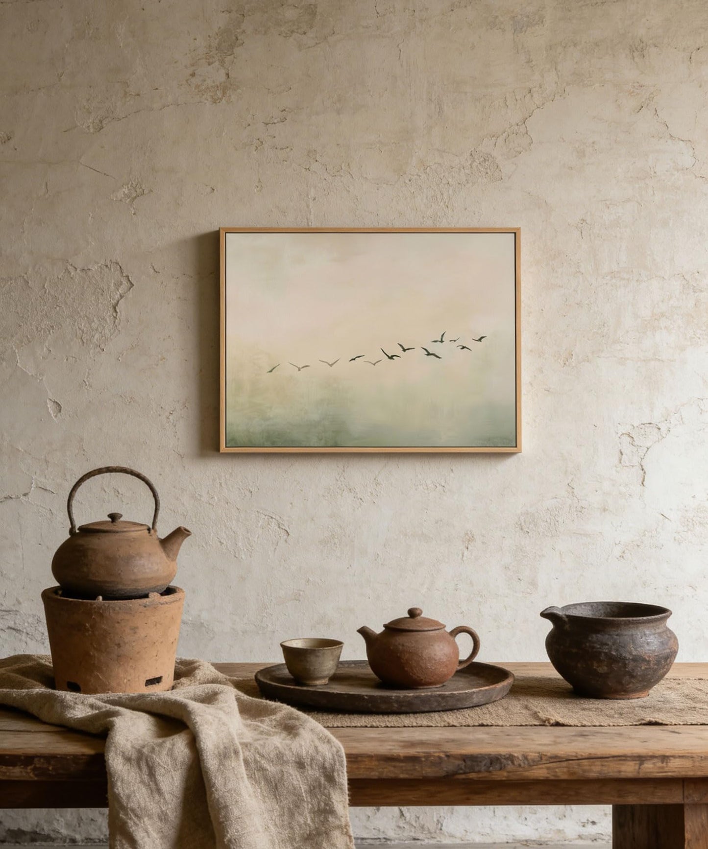 Framed Sage Green Japandi Flying Bird Canvas Wall Art Japanese Wabi Sabi Picture Wall Decor Abstract Nature Birds Poster Prints for Bedroom Living Room Home Decoration 16x24in