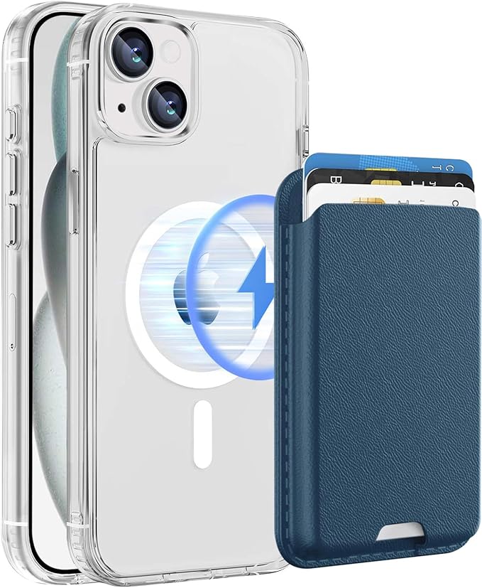 Ntwinro Magnetic for iPhone 13 & iPhone 14 Clear Case (Compatible with MagSafe) with Blue Detachable Wallet & Card Holder for 3 Cards [RFID Blocking] Military Grade Protective Slim Phone Cover