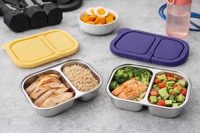 SHRONGZHI 304 Stainless Steel 2-Compartment Snack and Lunch Container with Easy-Open Silicone Lid, Built-In Utensil Clip, Leak-Proof and Stackable Design - Reusable Food Storage Box (SET B, 3 Pack)
