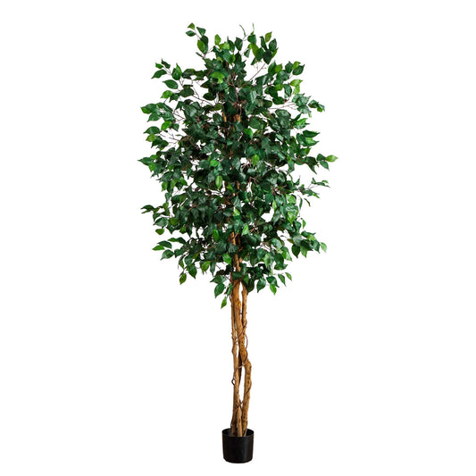 Nearly Natural 74in Artificial Triple Trunk Ficus Tree, Faux Greenery with Natural Wood Trunks for Indoor Home Decor