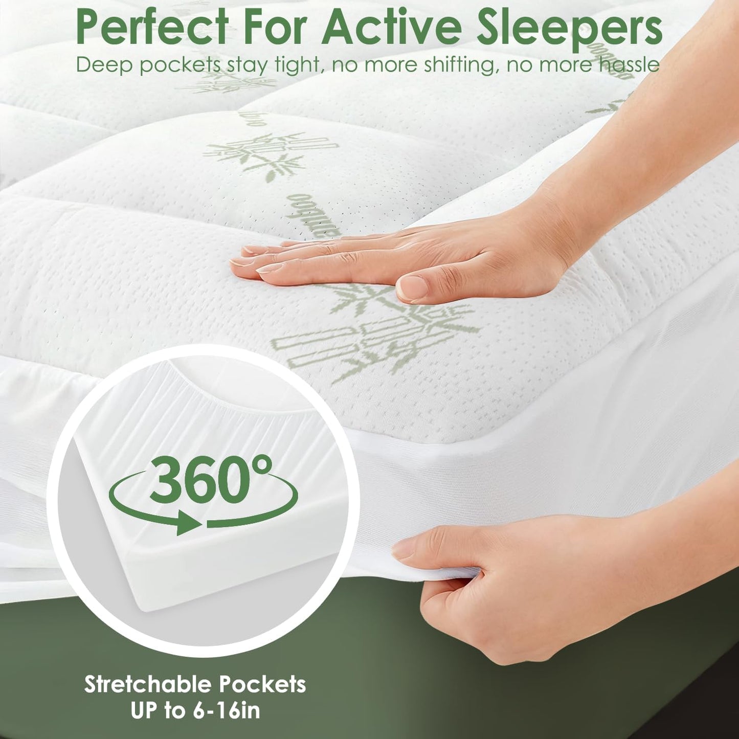 Full Mattress Topper Viscose Derived from Bamboo, Cooling Thick Pillow Top Mattress Pad with Deep Pocket for 8"-21" Mattress, Soft Breathable Mattress Topper for Back Pain Relief, Green