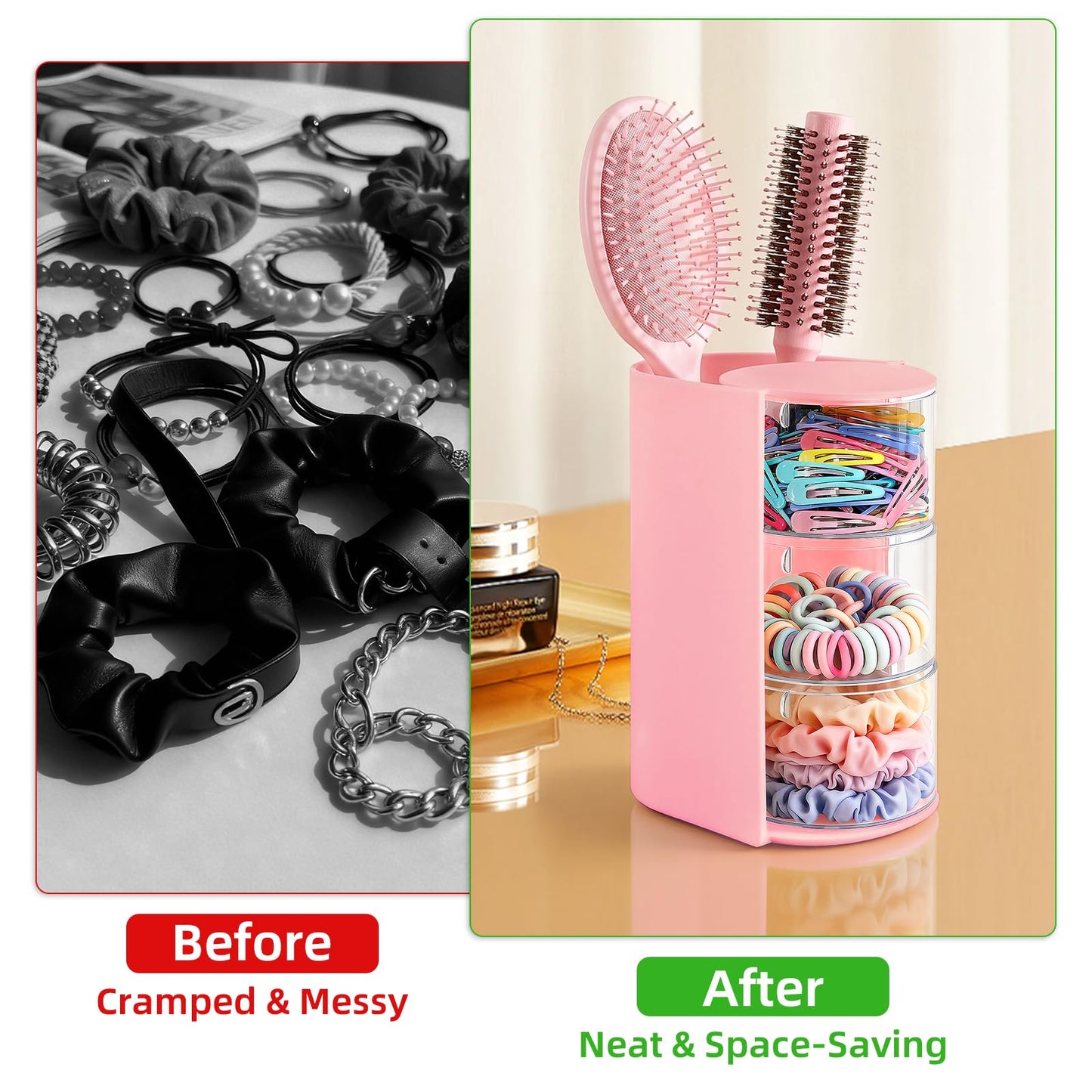 neotidy Hair Accessories Organizer with Hair Brush Holder, Rotating Hair Tie Product Organizer for Girls, 3-Tier Makeup Brush Holder for Clips, Bows & Brushes (Pink, 3-Tier)