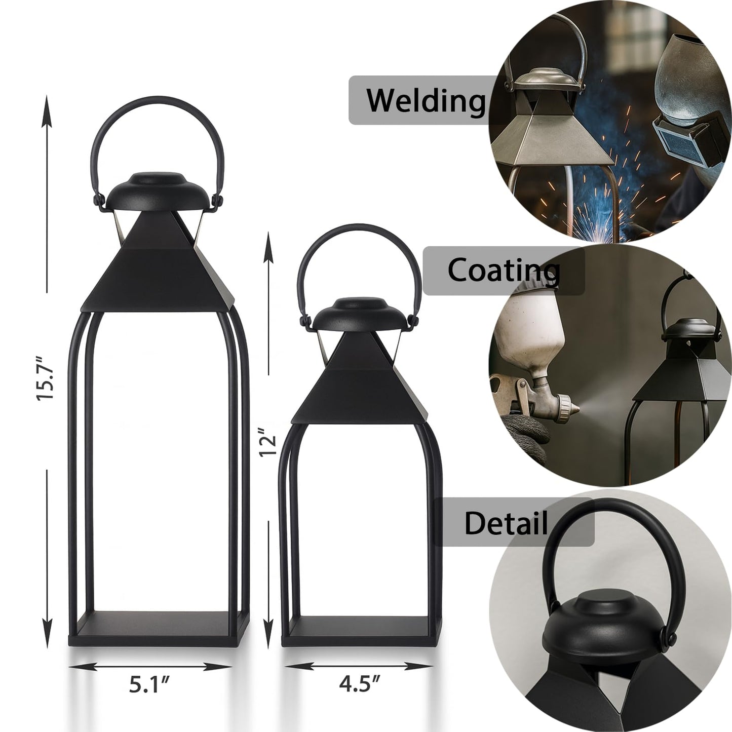 Decorative Metal Lanterns Indoor Outdoor, Candle Holder for Porch, Patio, Fireplace, Floor, Wedding, Christmas, Fall, Holiday, Farmhouse Table Centerpiece (Black, Set of 2 15.7" 12")