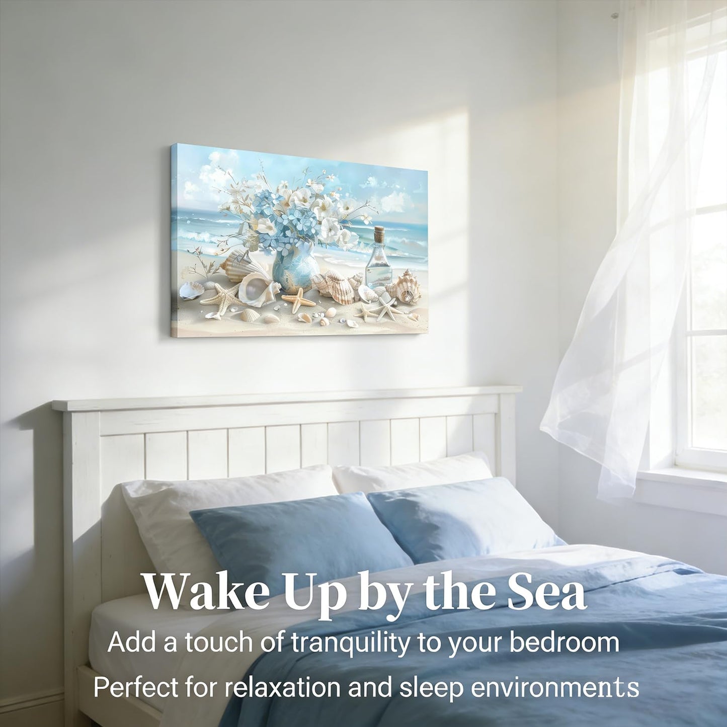 Blue Ocean Beach Bathroom Canvas Wall Art Seaside Seashell Painting Picture Wall Decor Starfish with White Flower Coastal Poster Print Artwork for Living Room Bedroom Bathroom Decor 12x16 in Canvas