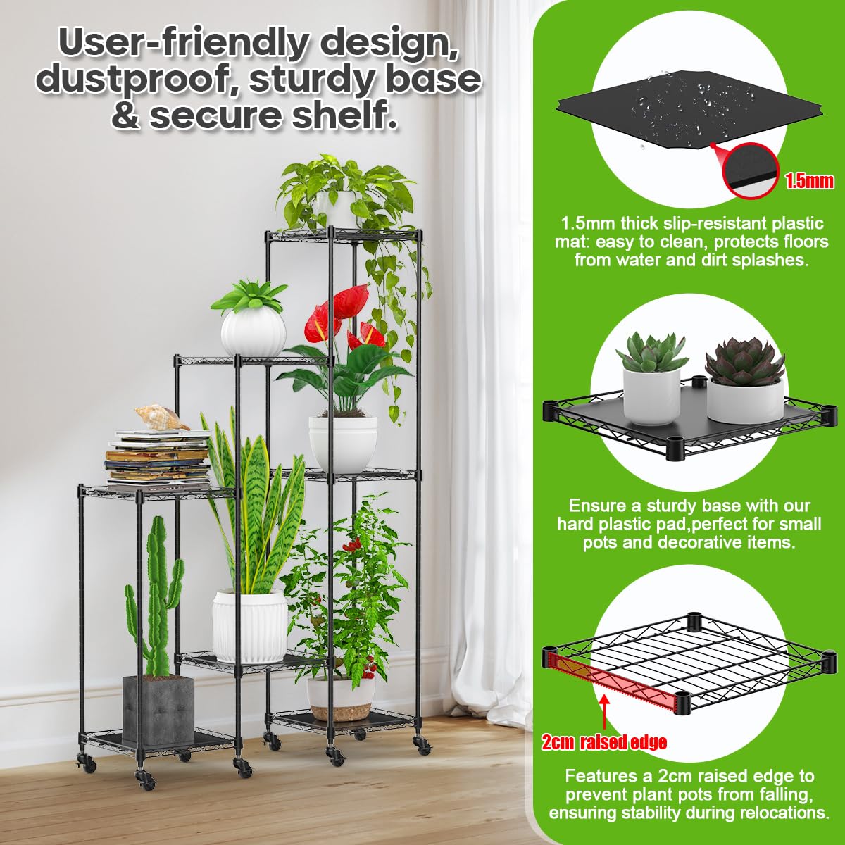 Abimars 59'' Plant Stand with Wheels, Shelf Height Adjustable Metal Plant Shelf for 7 Potted Plants, DIY Assembly Indoor & Outdoor Plant Display Rack