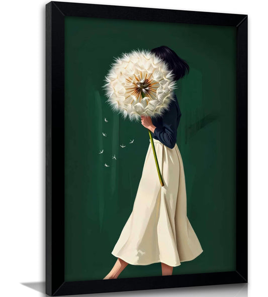 Framed Emerald Green Wall Art Woman With Dandelion Art Prints Modern Women's Minimalist Pictures Soft Botanical Painting Artwork for Living Room Bedroom Home office Wall Decor