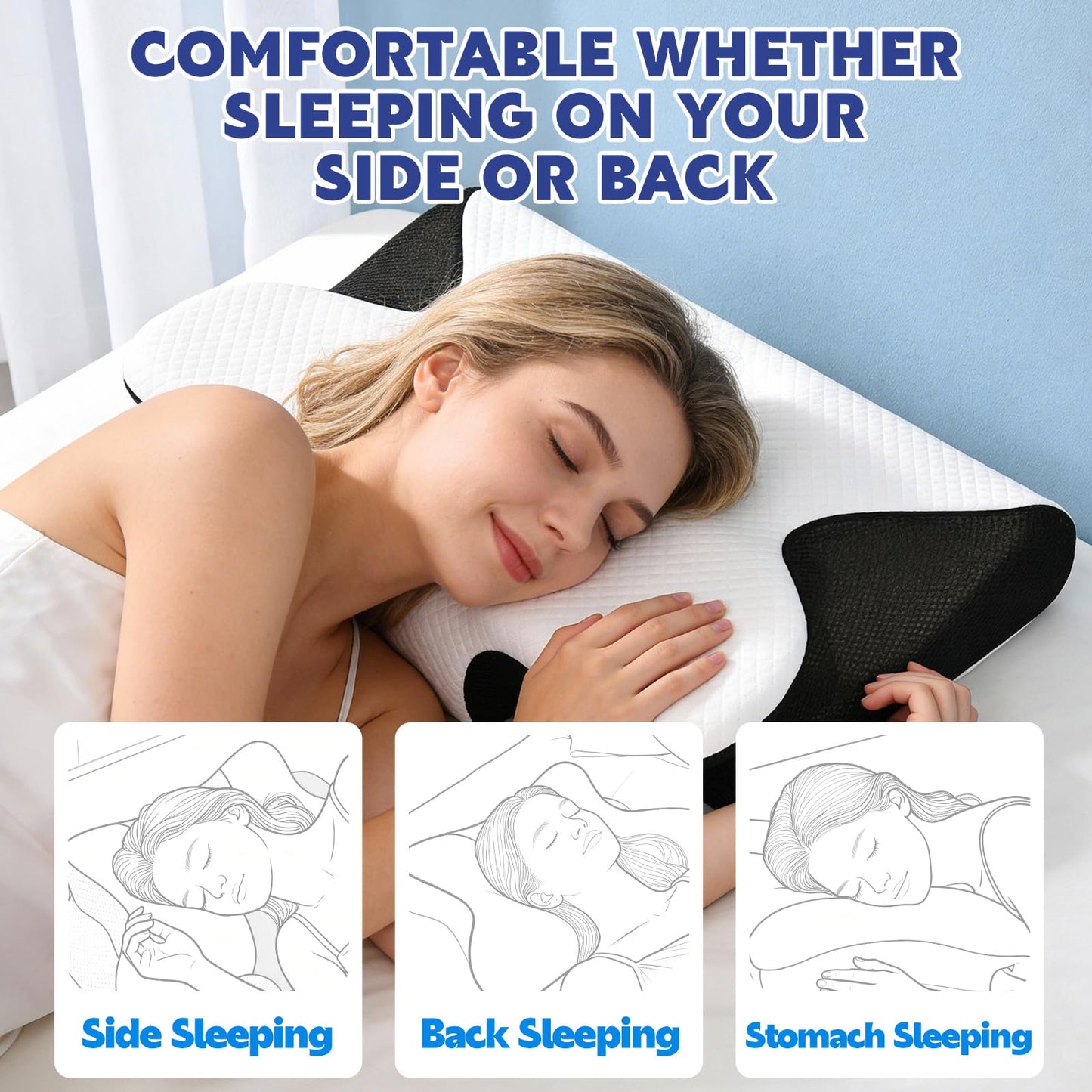 Keaolotay 2 in1 Memory Foam Cervical Pillow, Ergonomic Orthopedic Contoured Support Pillow for Neck Pain Relief, Bed Pillow for Side Back Stomach Sleepers Comes with 2 Pillowcases & 1 Eye Mask(Black)