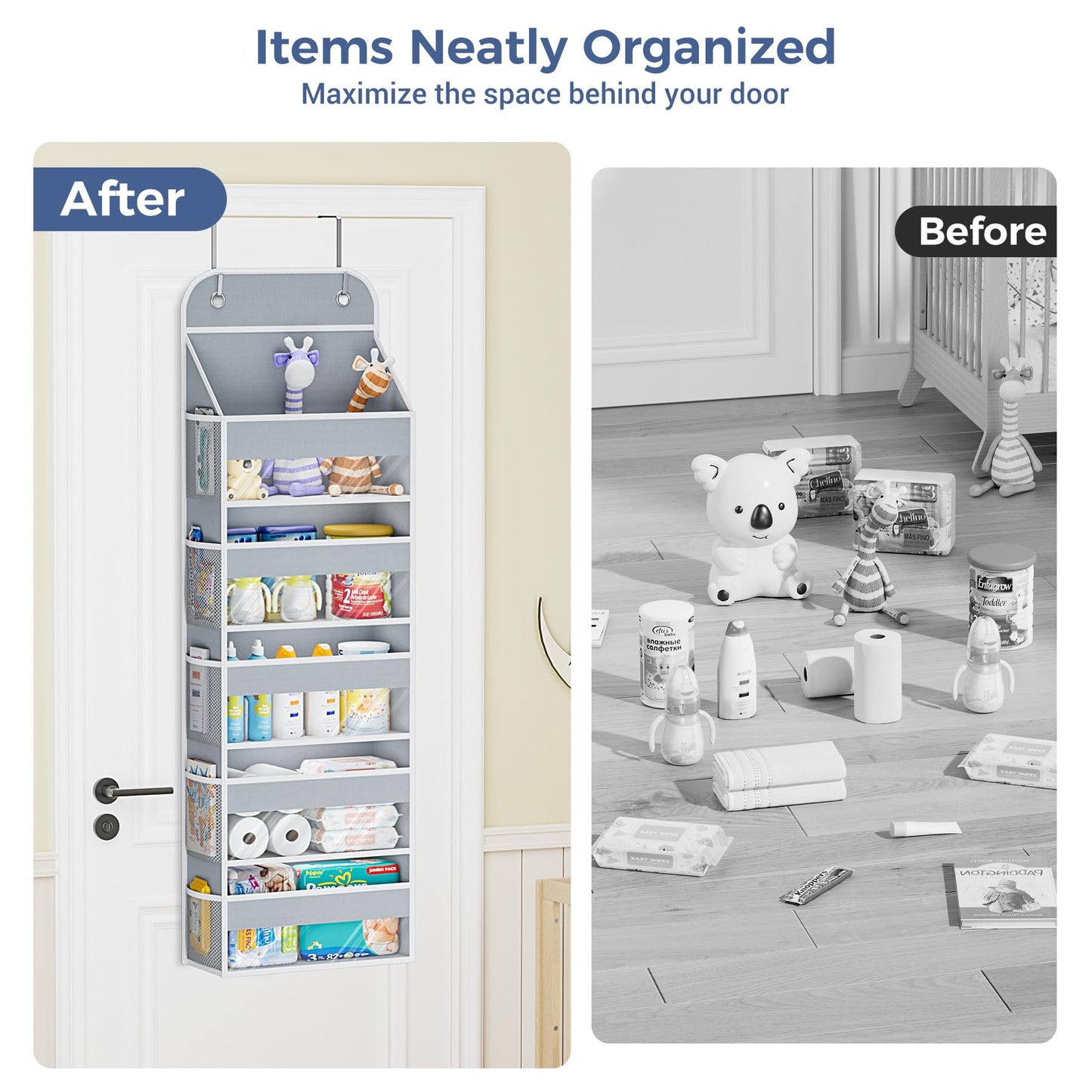 COOLBEBE Over the Door Organizer, 5-Shelf Hanging Organizer with 10 Side Pockets, 44LB Behind the Door Storage for Bathroom Bedroom Closet and Baby Essentials, Grey
