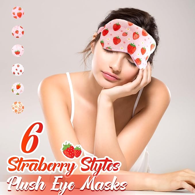 Cuffbow 6 Pcs Plush Sleep Eye Mask Silk Furry Eye Covers for Sleeping Cute Sleep Mask Fluffy Comfortable Sleeping Blindfold for Travel Sleepover Nap Party Supply Women(Strawberry,Pink)