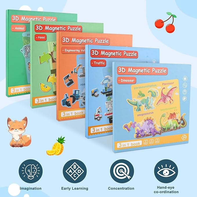 ASTARON 3D Magnetic Animal Puzzle with 60 Puffy Stickers for Toddlers, 41 Pieces Puzzles Preschool Education Learning Travel Toys Car Plane Activities for Kids Road Trip Birthday Gifts