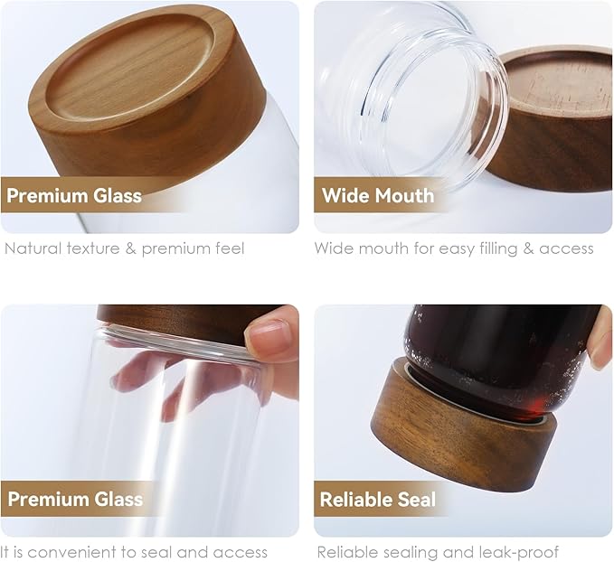 Zoaiirte 2pc Glass Mason Jars with Acacia Wood Airtight Lids - Overnight Oats & Food Storage Container Set, Clear Stackable Leakproof Kitchen Canisters for Meal Prep/Snack Organization/Spice Storage