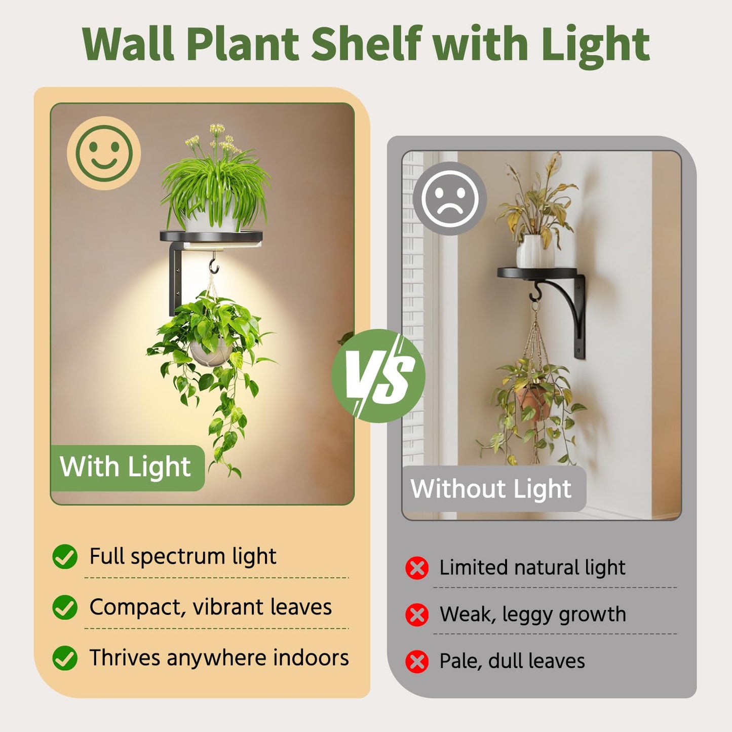 LASZOLA Plant Hangers Shelves Wall Mounted Indoor with Grow Lights, Metal Window Plant Holders, 3Pcs Modern Floating Flower Display Stand with 3 Hooks for Outdoor Kitchen Bathroom Decor, Black