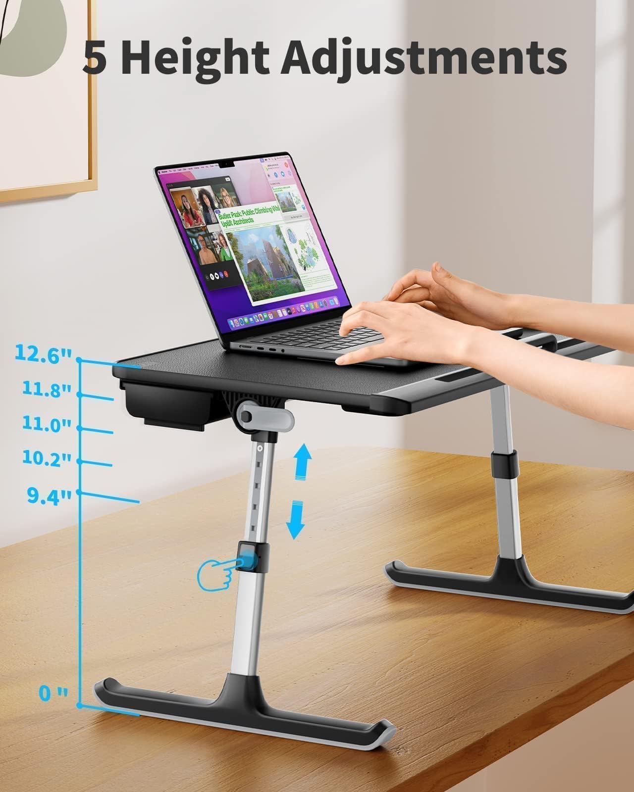 SAIJI Laptop Bed Desk Table - Portable Laptop Stand for Bed with Storage Drawer, Adjustable Lap Desk Bed Tray Fits 17" Laptop with PVC Leather for Work from Home & Dorm Study Essential (Dark Black)