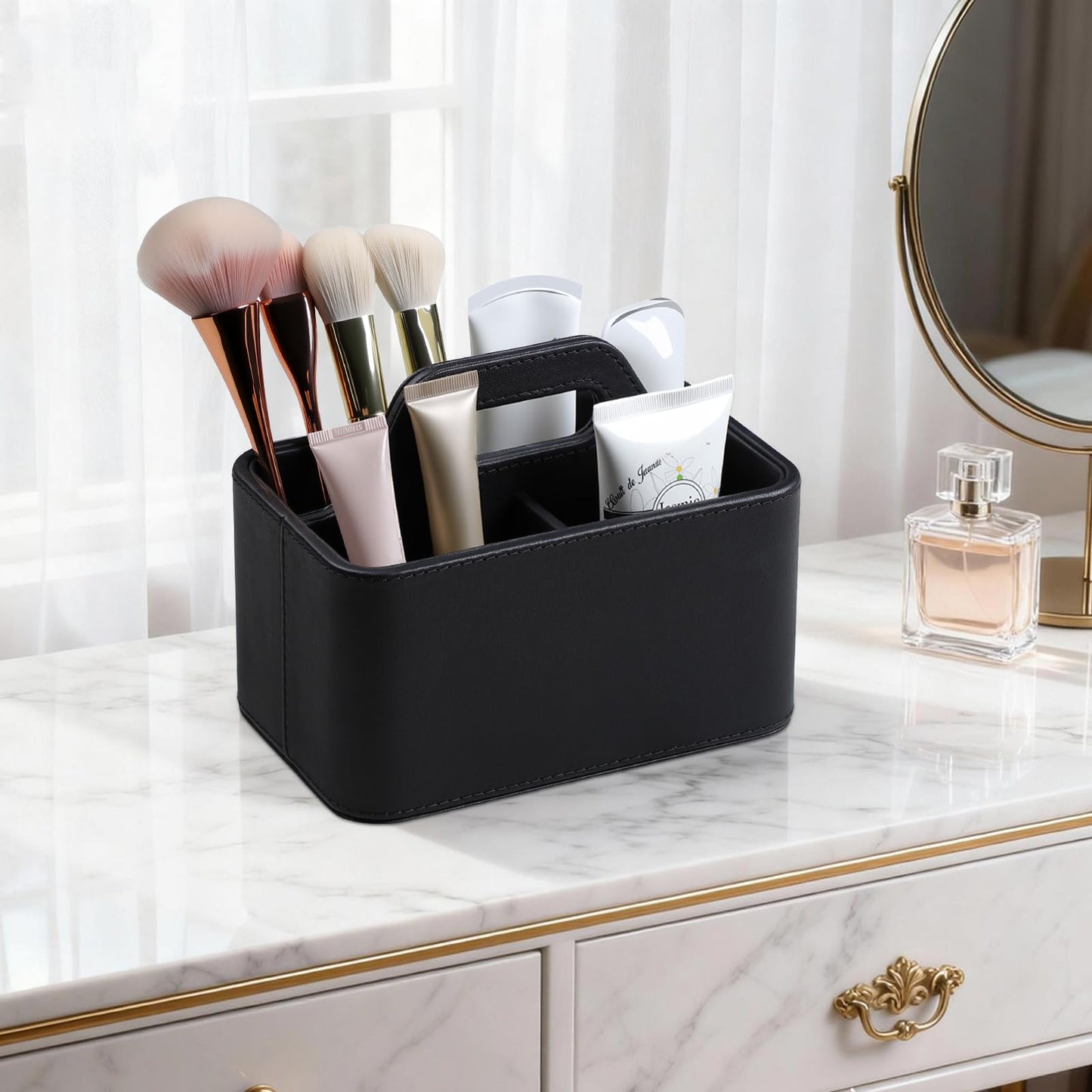 NICLNGSH Caddy Organizer with Handle, PU Leather Remote Control Holder Desk Caddy, Portable Makeup Remote Organizer for Table, Nightstand, Office (Black)