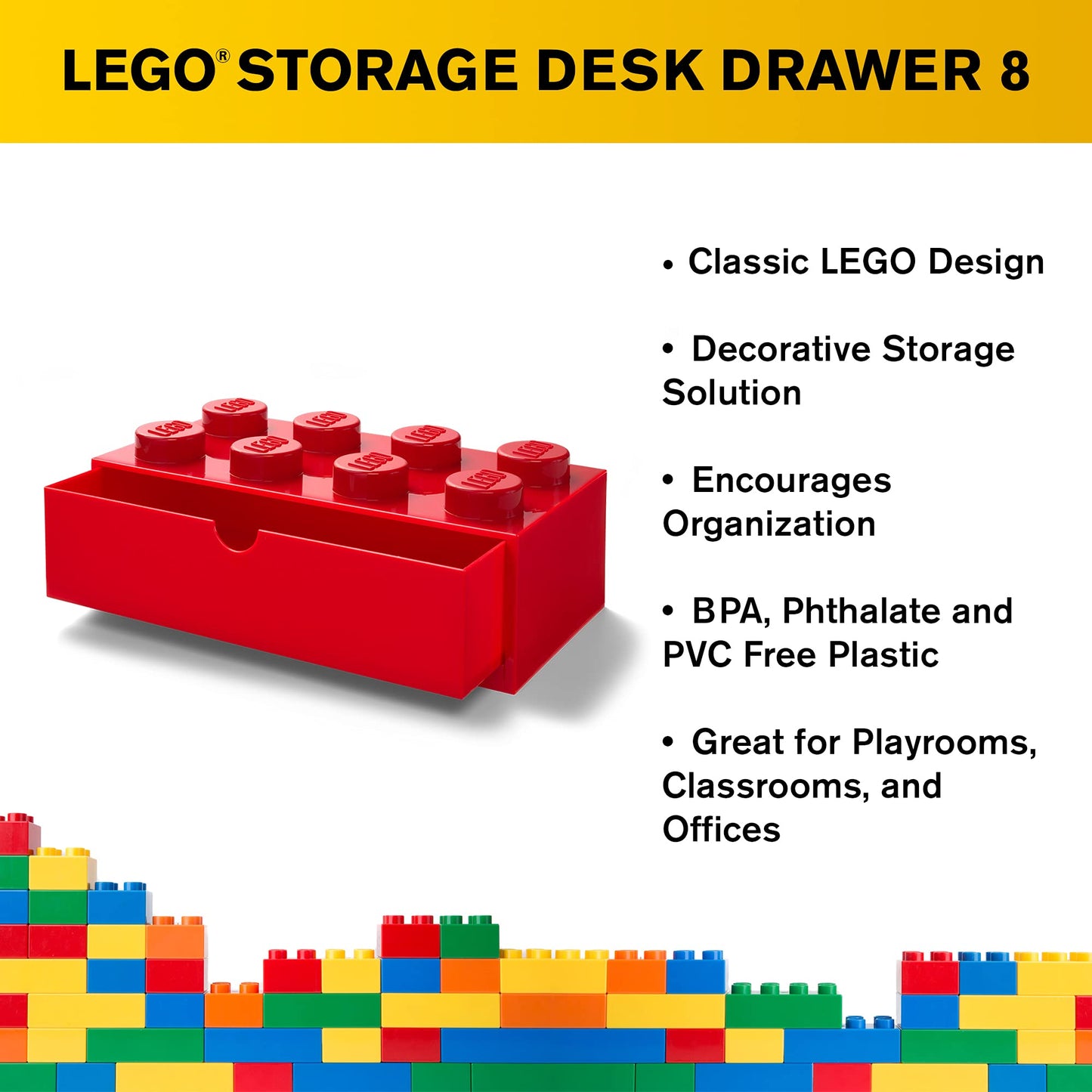 Room Copenhagen Lego Storage Brick 8 Desk Drawer, 8-Stud Stackable Tabletop Storage Box, 12.4 x 6.2 x 4.4 in, Bright Red