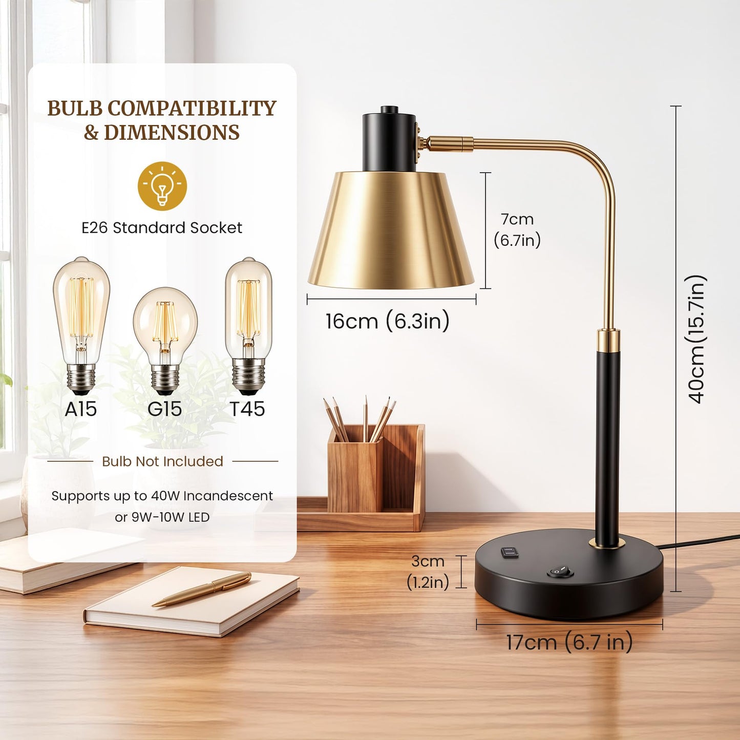 TimberAura Desk Lamp with USB-C, USB-A and AC Outlet, Adjustable E26 Table Lamp for Home Office and Bedside Reading, Matte Black and Brushed Brass-Look, Bulb Not Included