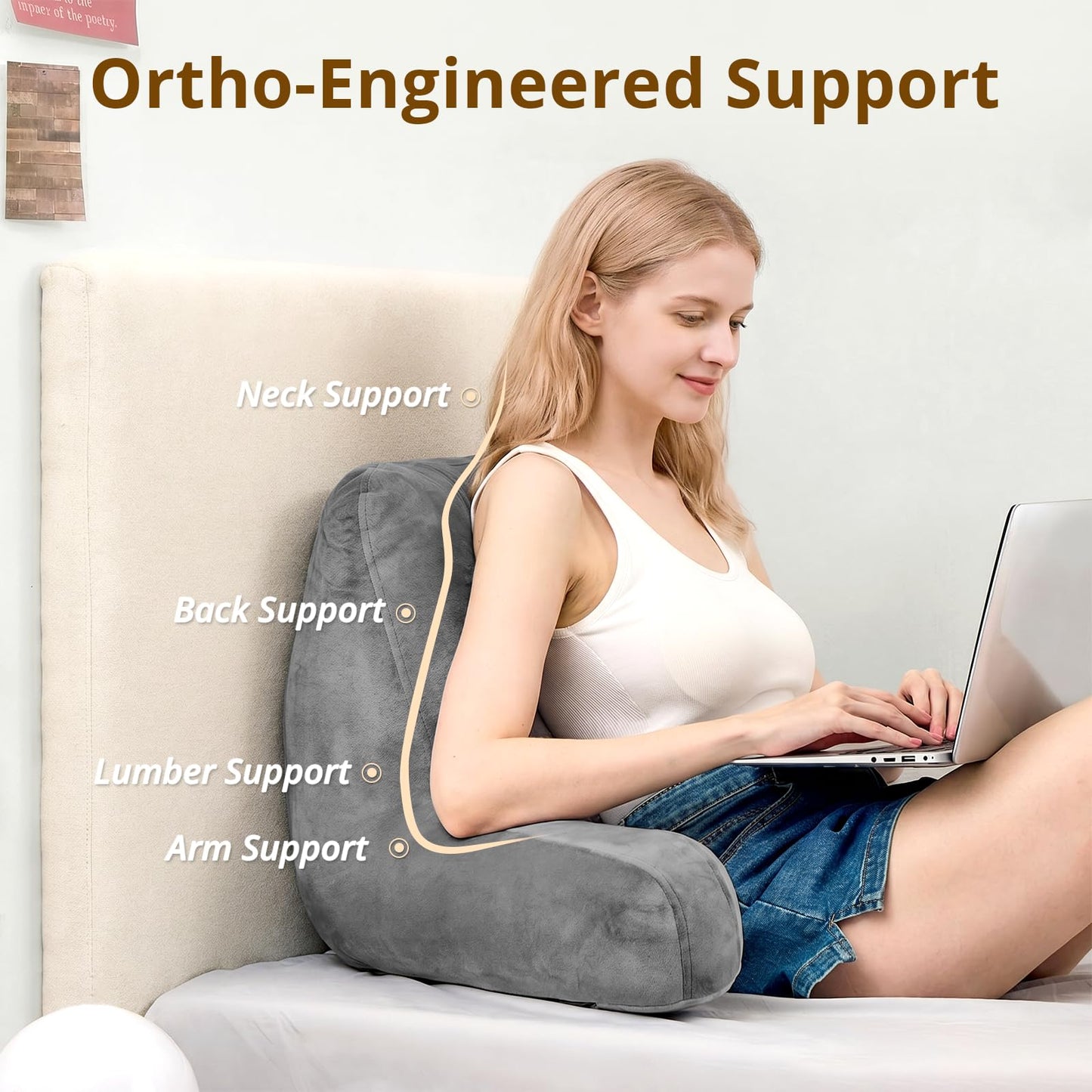 Sasttie Reading Pillows for Sitting in Bed Adult, Back Pillow Bed Sitting Up, Back-Rest Support Cushion for Sit Up on Couch, Sofa, and Floor, Dorm Essentials, Oeko-Tex Certified, Dark Grey