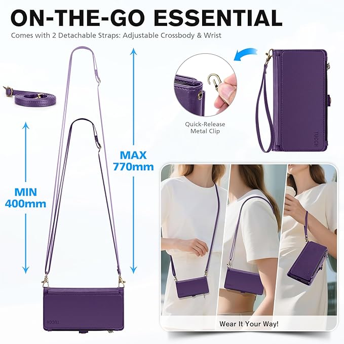 TUCCH Removable Crossbody Wallet Case for iPhone 17 Pro Max, RFID Blocking 10 Card Holders, Lanyard, Wrist Strap, Wireless Charging, Stand, Zipper Pocket, PU Leather, Magnetic Flip Cover, Deep Purple
