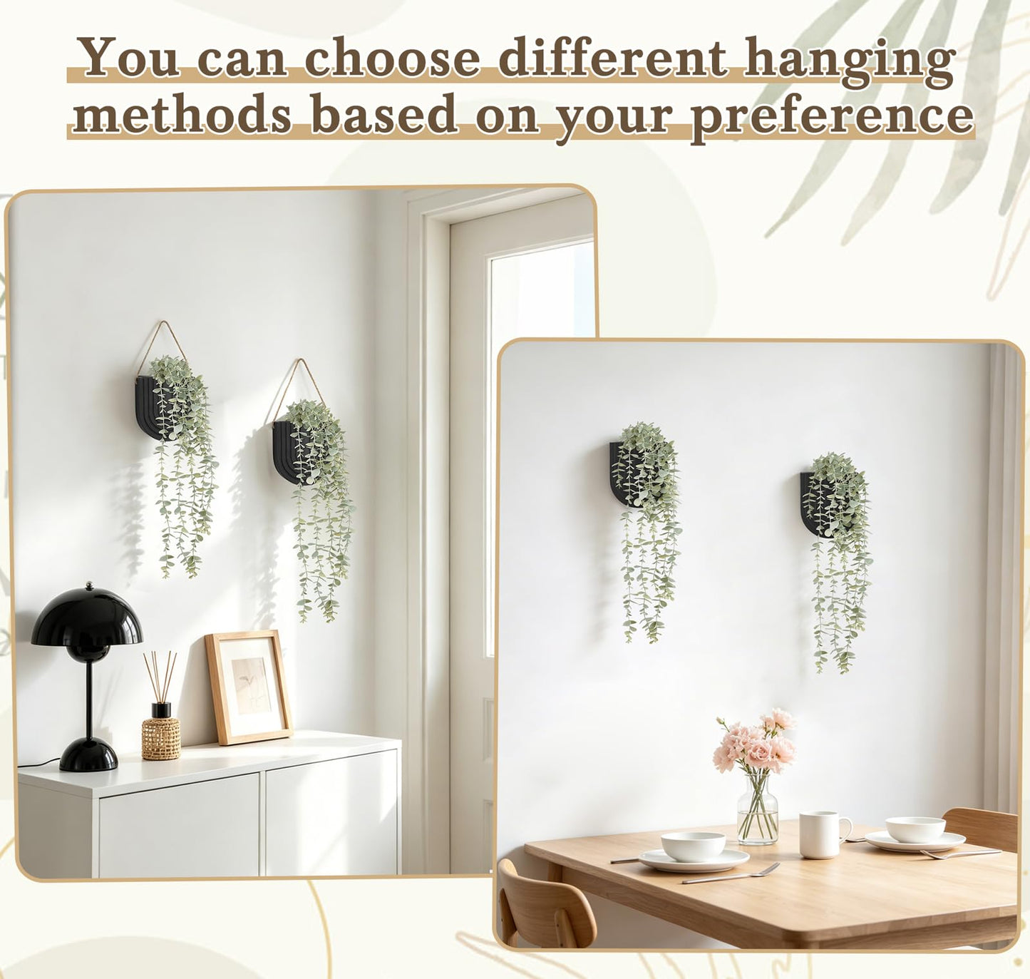 Dahey 2 Pack Wood Wall Vase with Fake Eucalyptus Plants, Modern Farmhouse Boho Wall Hanging Decor Planter for Artificial Plants Living Room Bedroom Bathroom Kitchen Home Office Decoration, Black