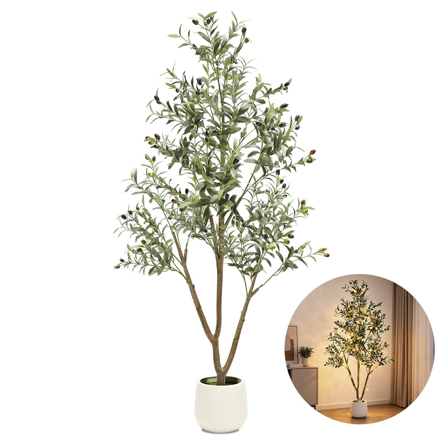 TNELTUEB 6FT Artificial Olive Tree Indoor with Lights & Planter, Realistic Faux Olive Trees with Lifelike Fruits for Living Room Decor, Tall Fake Silk Plants for Modern Home Office