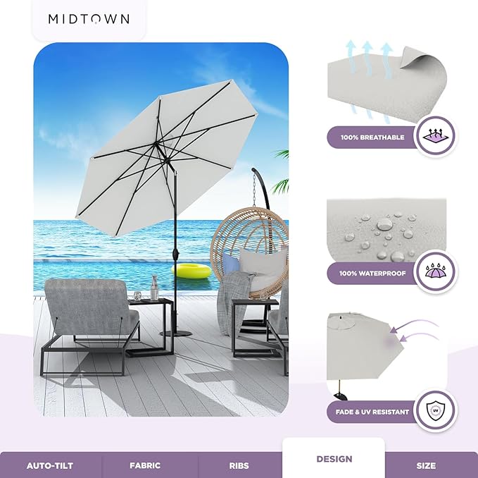 Midtown Umbrellas 10-Year-No-Fade - 6 Ft - UV Proof Off Cream Polyester Fabric - Umbrella Outdoor Patio, Aluminum Frame Large Patio Umbrella for Garden, Pool & Deck - Black Pole