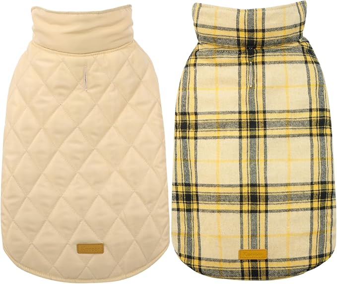 Kuoser Waterproof Dog Coat, Reversible Dog Jacket for Large Dogs, Adjustable Durable Doggie Winter Coat for Groowing Puppies Warm Puppy Cold Weather Apparel, Yellow L