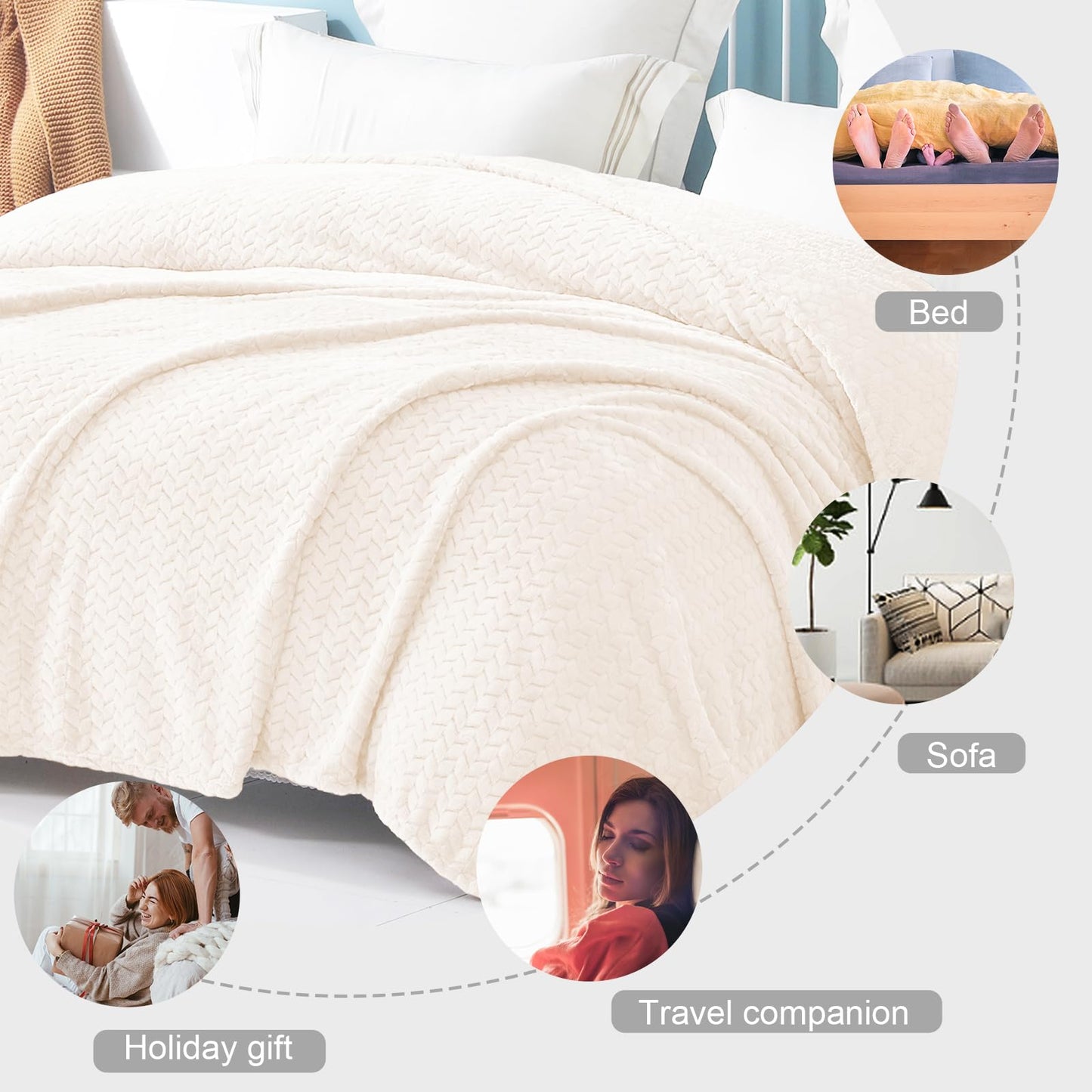 Exclusivo Mezcla Fleece Queen Size Blanket for Bed, 90x90 Inches Soft Cozy Jacquard Flannel Blankets, Lightweight Fuzzy Plush for Women, Off White