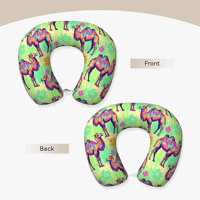 Neck Pillow Memory Foam Travel Pillows Comfortable for Airplane Flight Car Travel Office Nap and Sleeping, Funny Cushion for Head Shoulder Llama Alpaca Camels Watercolor Painting