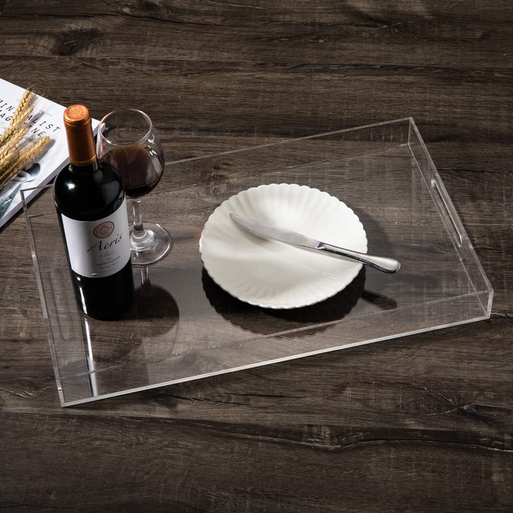 Sooyee Clear Acrylic Tray Decorative,16" x 12" Plastic Serving Trays for Coffee Table,Kitchen,Bathroom,Food,Vanity Countertop,Large Ottoman Tray with Handles