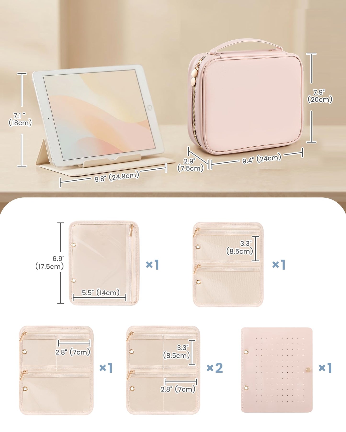 Lolalet Travel Jewelry Notebook Organizer Case, Large Jewelry Binder Book with Individual Pouches, Portable Leather Zippered Bag for Storage of Earring, Ring & Necklace, Gift for Women -Apricotpink