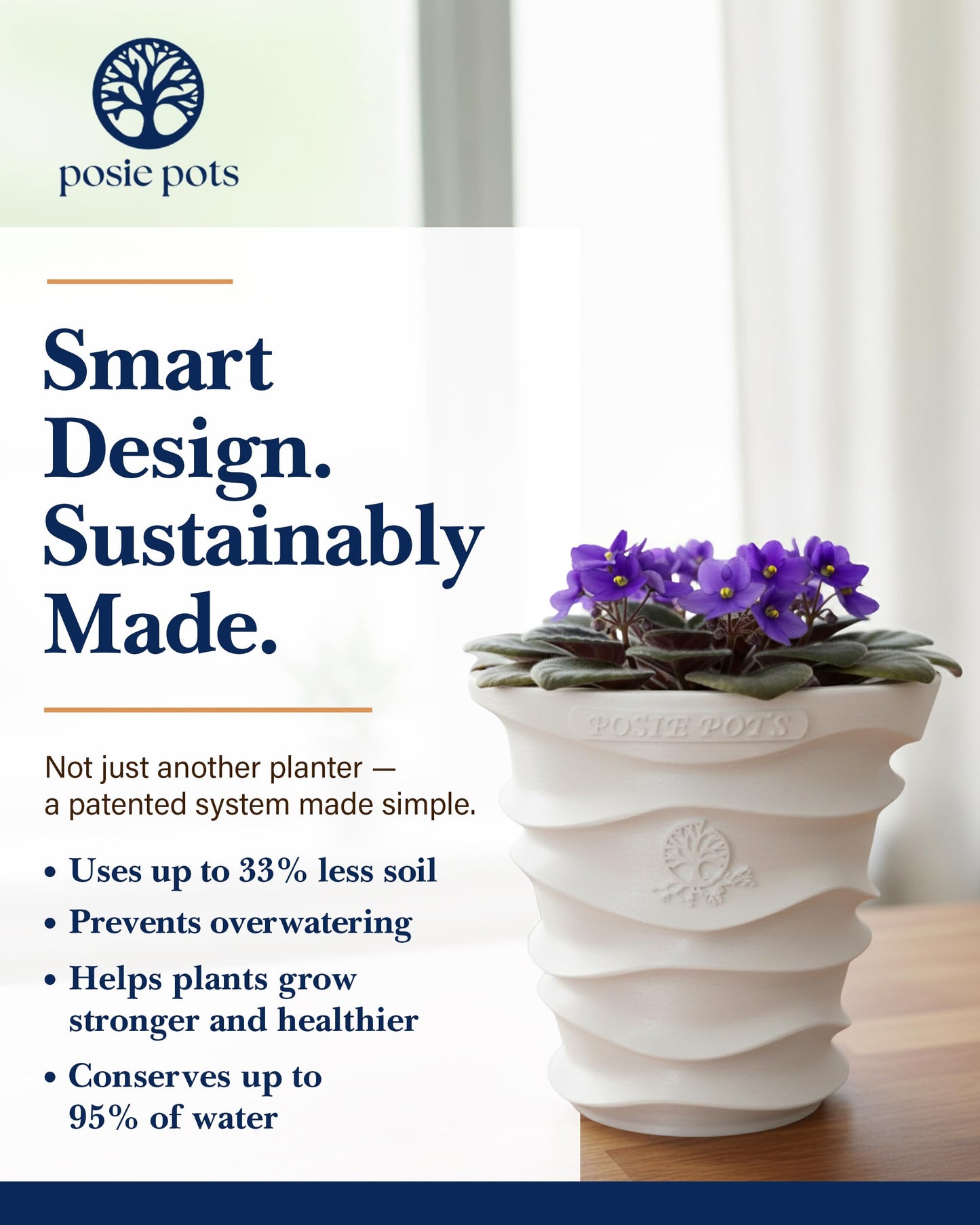 Posie Pot Medium Wave Self Watering Planter for Indoor Plants - 5x5 Inch Patented Pot with 10X Water Reservoir - Modern 3D Printed Desk Planter - Root Rot Free - Eco Friendly, Made in USA, White